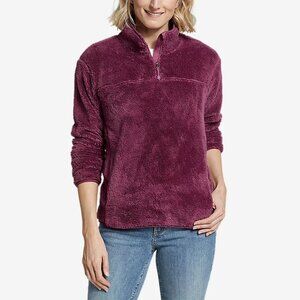 Eddie Bauer Plush Pullover Fleece Snap Up Moc Collar Maroon Red Cozy Winter, M